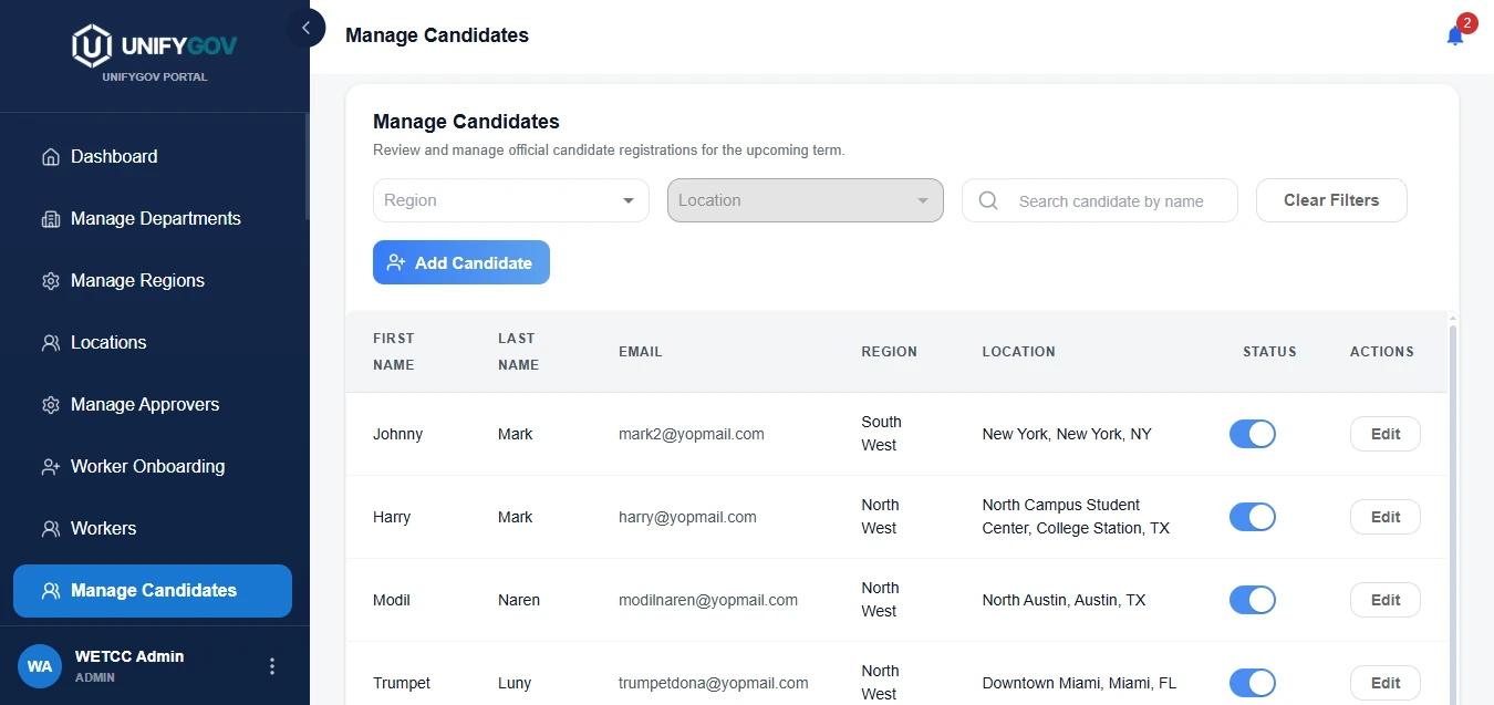 UnifyGov EMS candidate management workspace